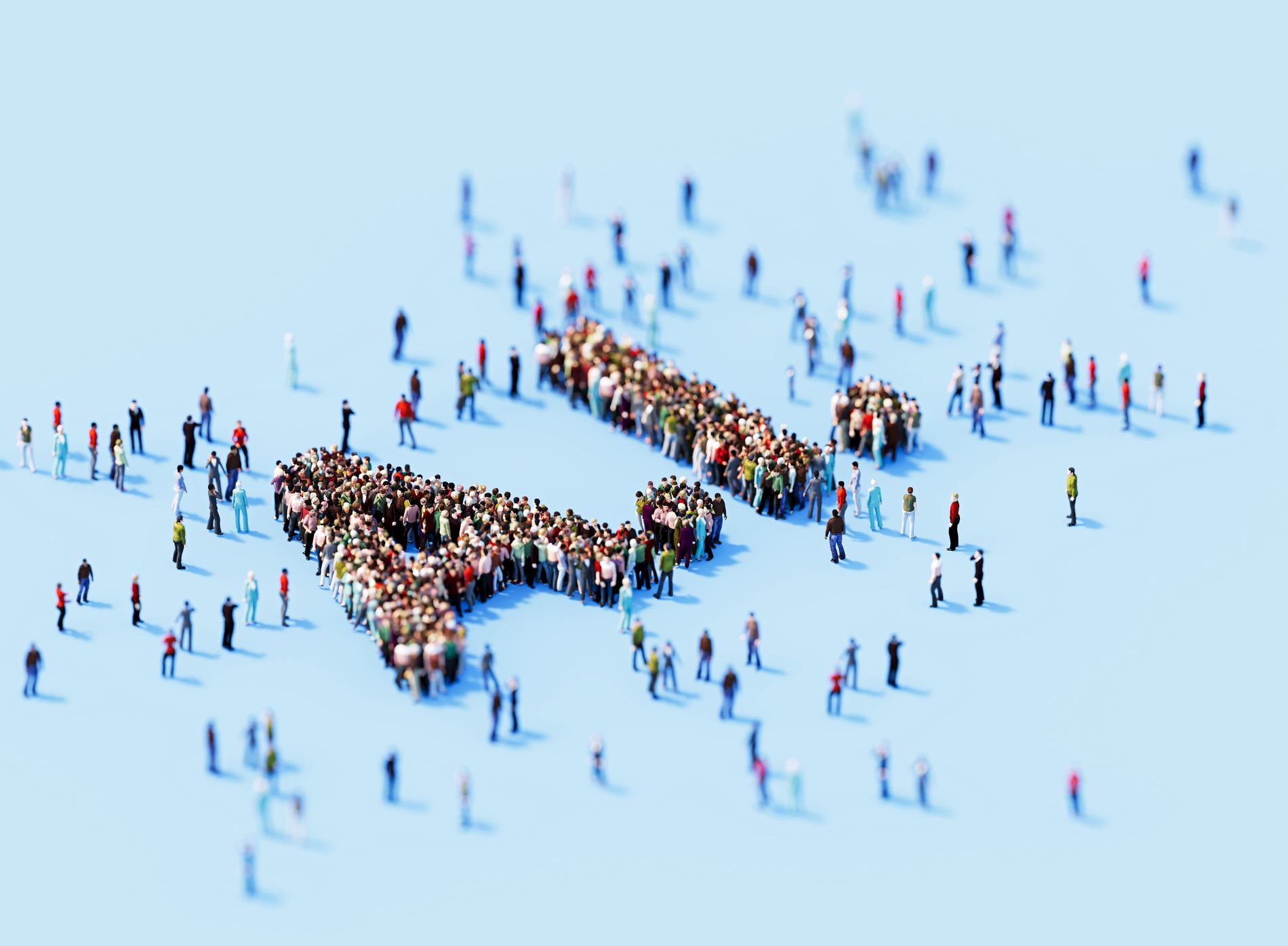 Human crowd forming AI blue background. Horizontal  composition with copy space.