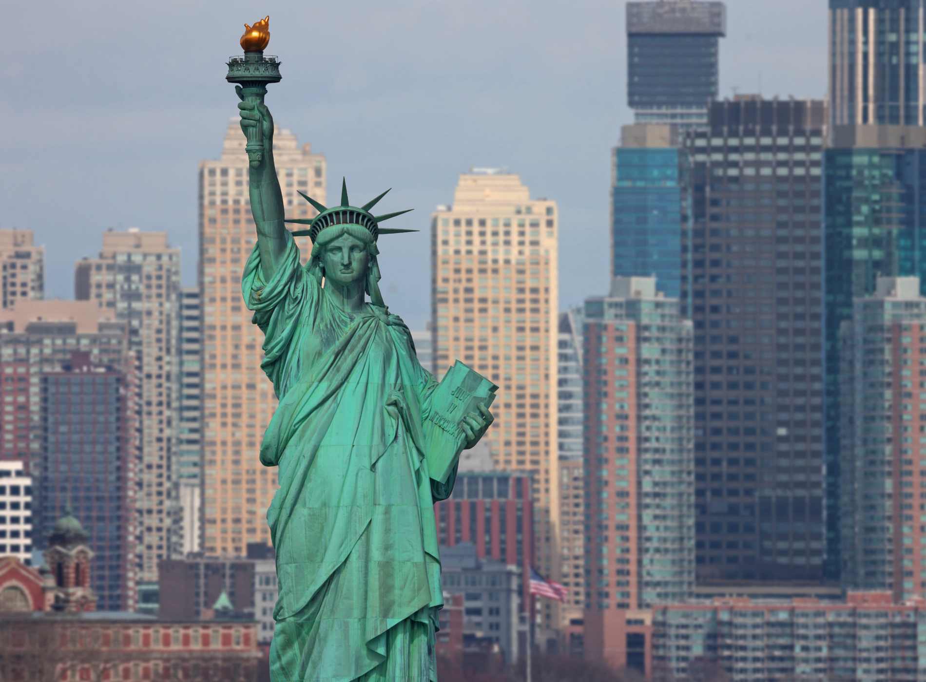 Aerial view of Statue of Liberty and city skyline