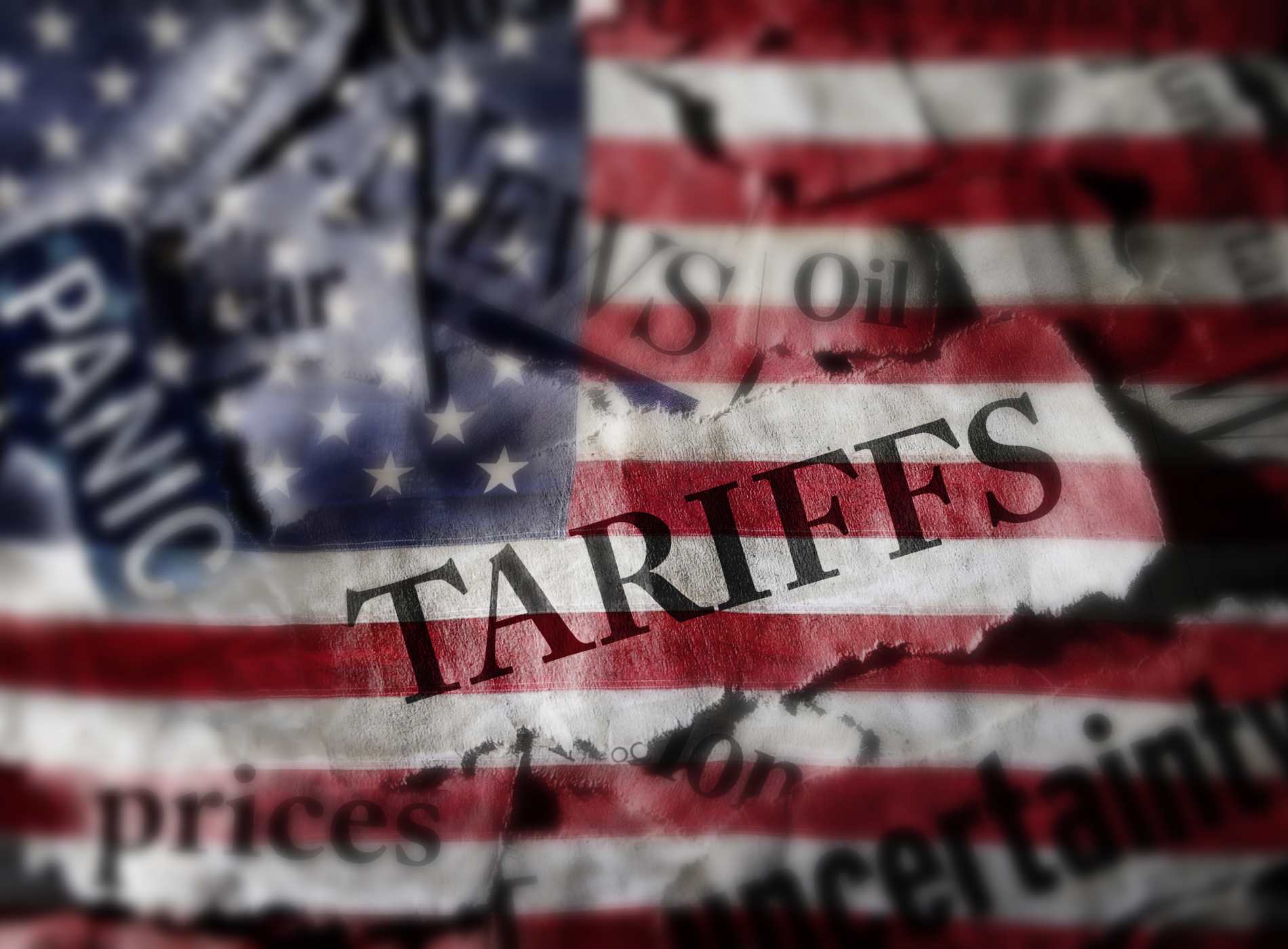Tariffs news headlines over an American flag