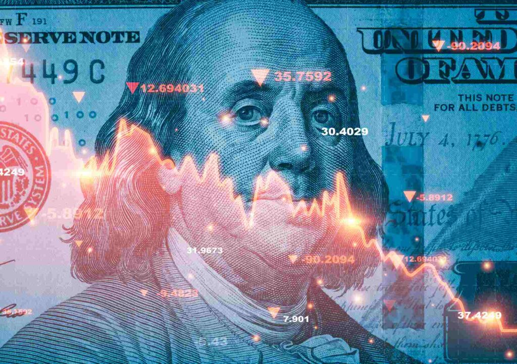 Benjamin Franklin face on USD dollar banknote with red decreasing stock market graph chart for symbol of economic recession crisis concept.