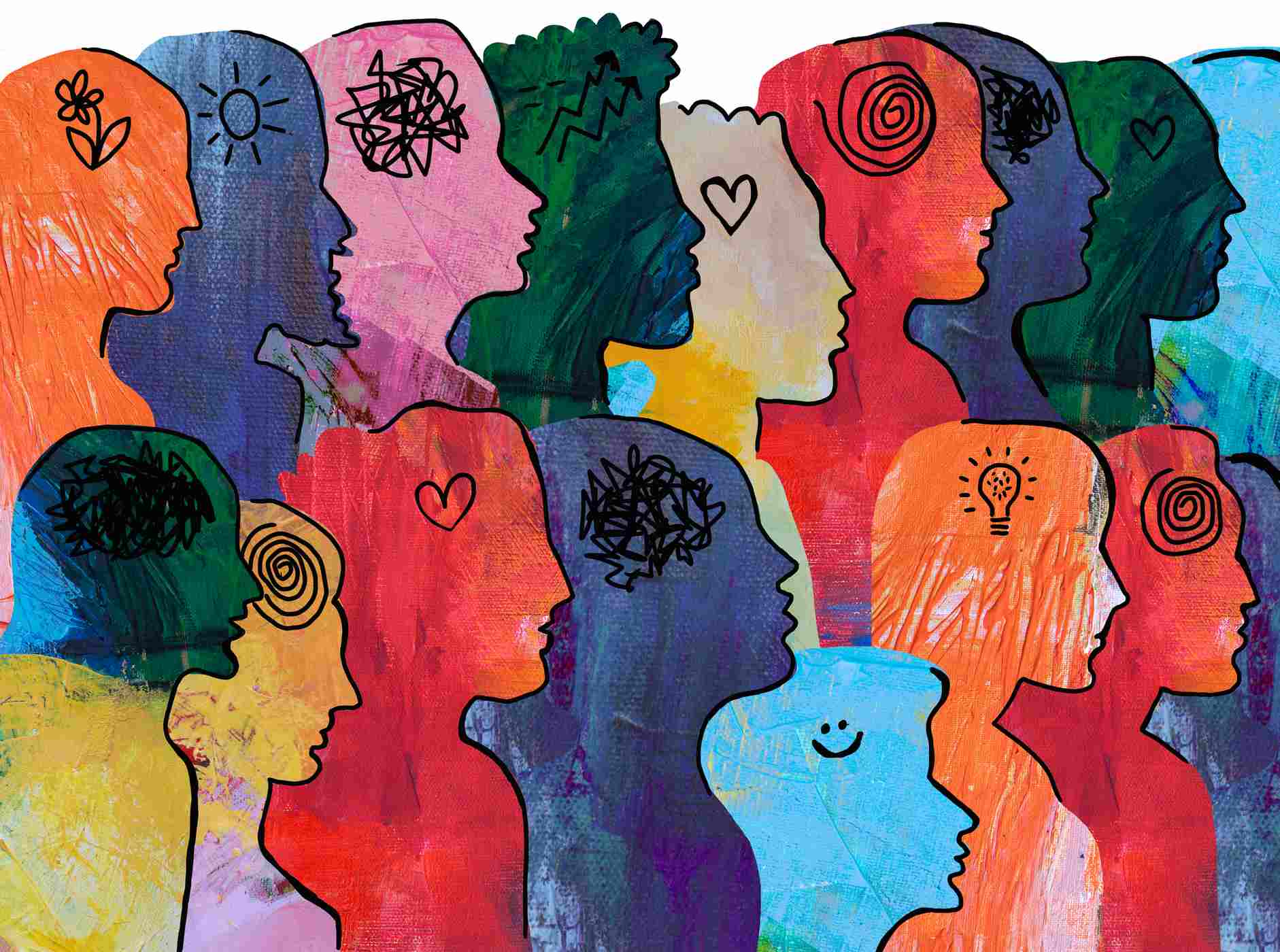 Large Group of diverse people profile view hand drawn, with different emotional / mental states and thoughts.