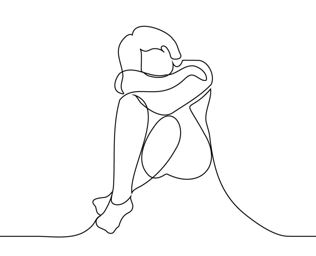 woman sitting on the floor cowering alone - one line drawing vector. concept sad, miss someone, depression, loneliness, mental problems