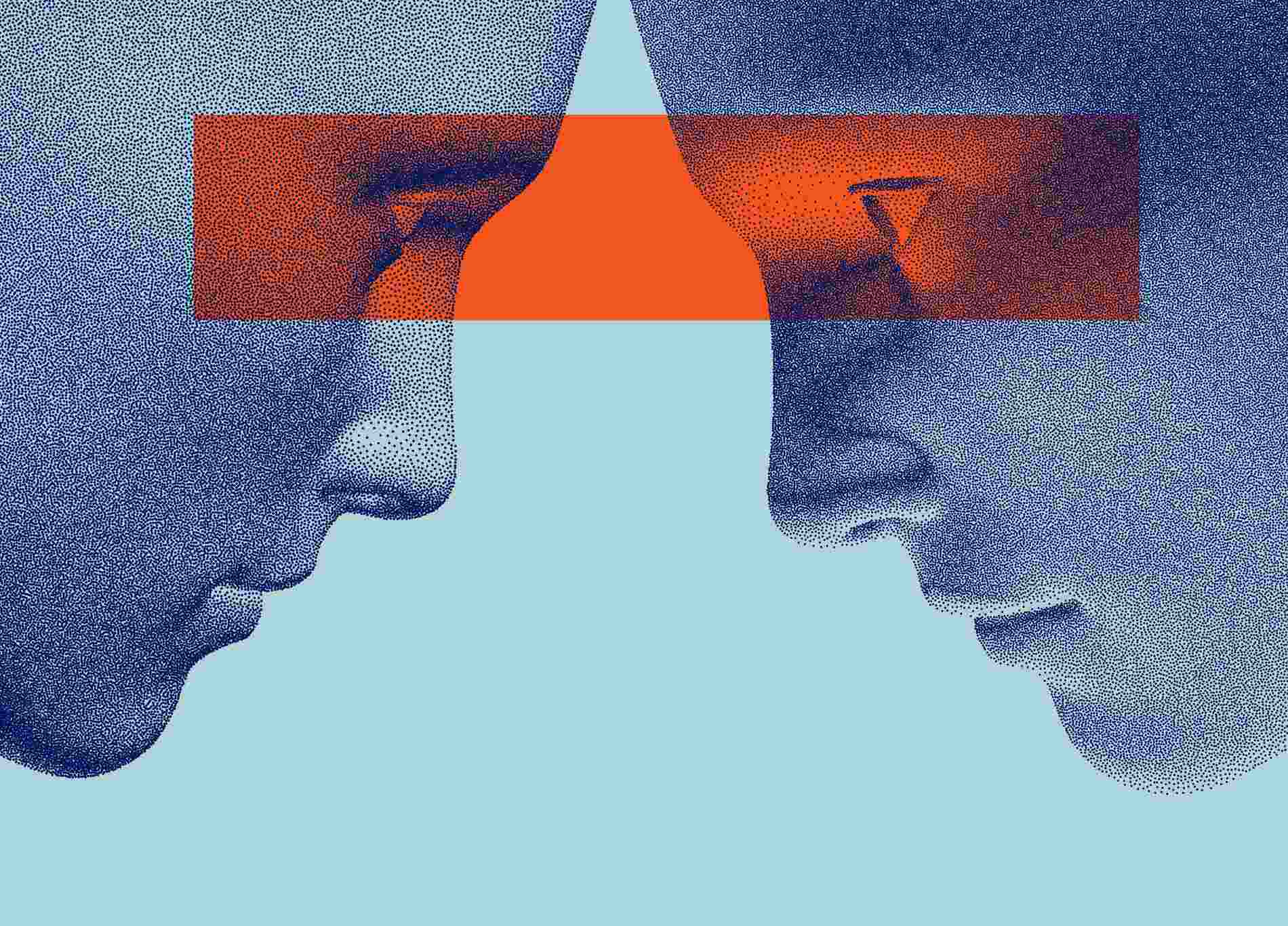 Man talking to his partner with eye contact. Two opponents facing each other. Conflict. The concept of rivalry. Emotional connection, relationships, exchange of ideas or telepathy. 3d vector.