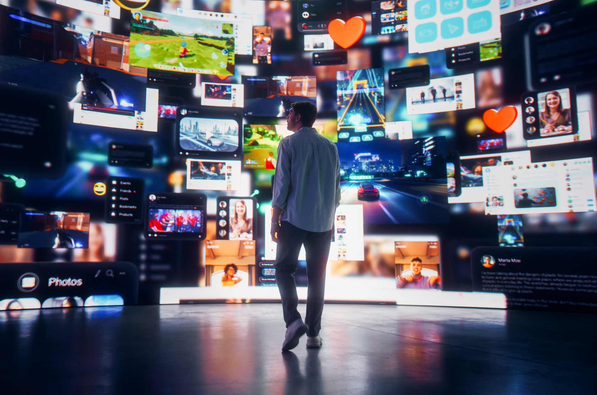Backview Of Caucasian Man Looking at Animated Stream Of Content. Visualization Of Browsing Metaverse Big Data with Viral Videos, Social Media Profiles with Influencers, and Internet Communities.