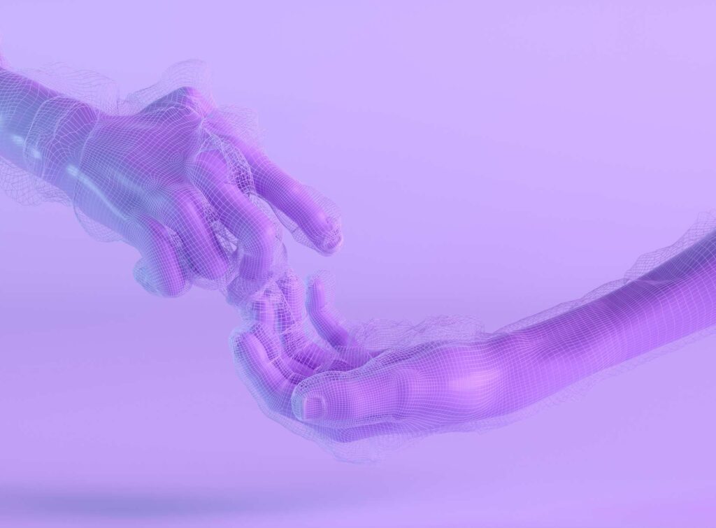 Touching hands, artificial intelligence concept. Digitally generated image.