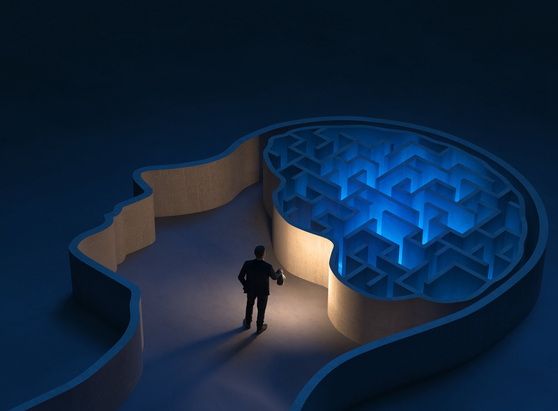 Seeking solutions in the maze-shaped human brain, 3D - Computer generated image