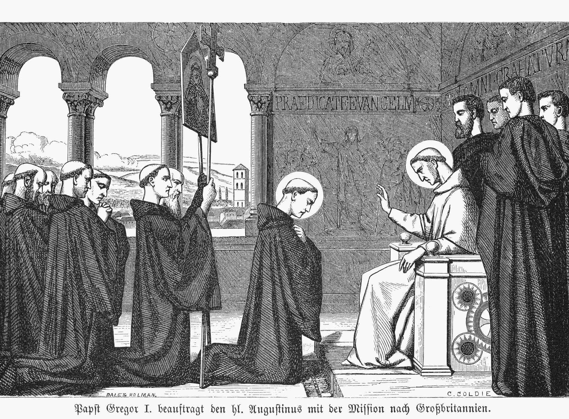 Pope Gregory I (c. 540 - 604) commissioned Augustine of Canterbury (? - 604) to evangelize Britain. The mission was successful, and it was from England that missionaries later set out for the Netherlands and Germany.  Wood engraving from the book "Geschichte des Reiches auf Erden Gottes oder Christliche Kirchengeschichte (History of the Kingdom of God on Earth or Christian Church History)" by Hermann Rolfus, published by Herder'sche Verlagshandlung, Freiburg in 1883.