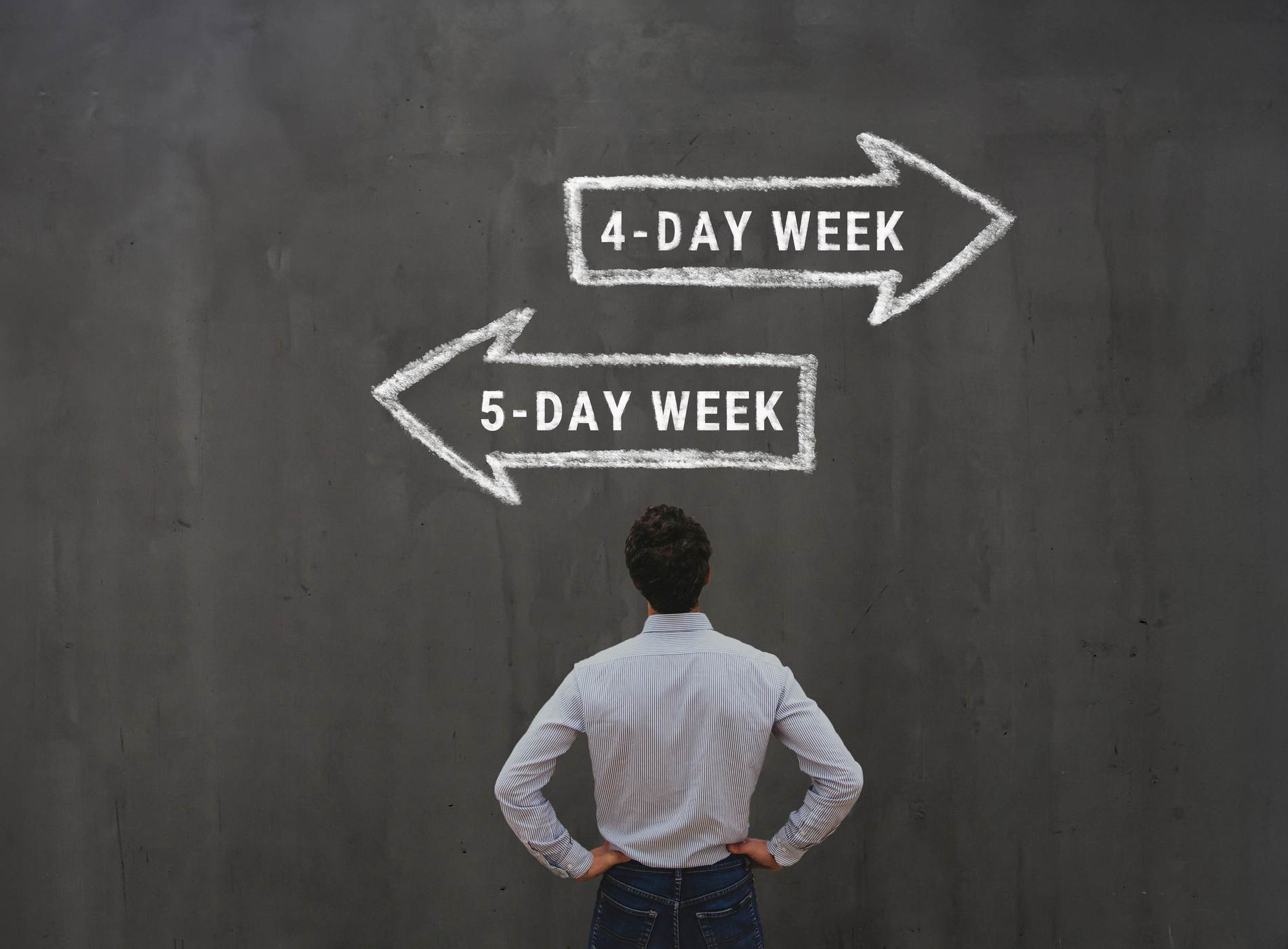 4-day work week vs 5 day workweek concept with business man looking at arrows signs,  five-day week or four-day, friday off