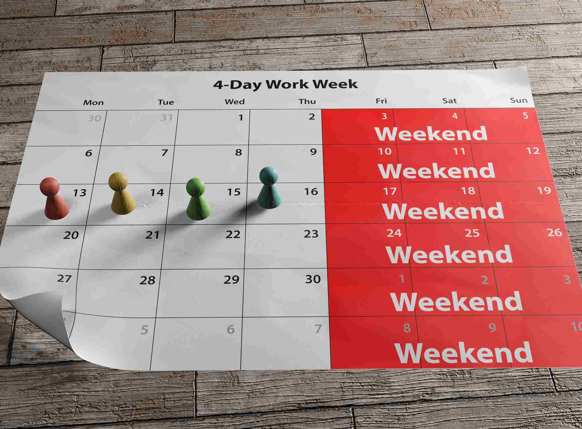 A long weekend calendar to illustrate the concept of four-day work week introduced by the UK and European companies