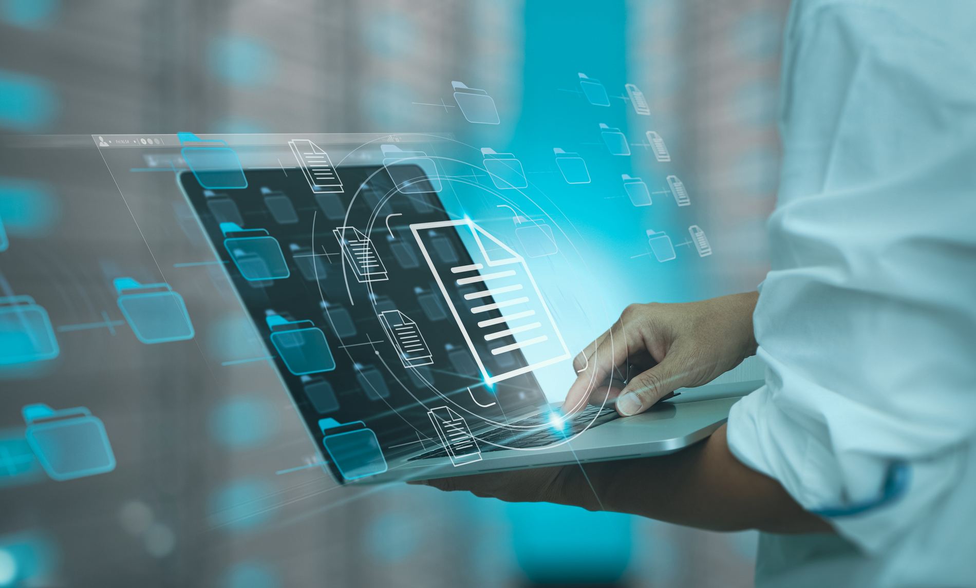 Businessman working modern compter Document Management System (DMS),Virtual online documentation database and process automation to efficiently manage files, knowledge and documentation in enterprise with ERP.