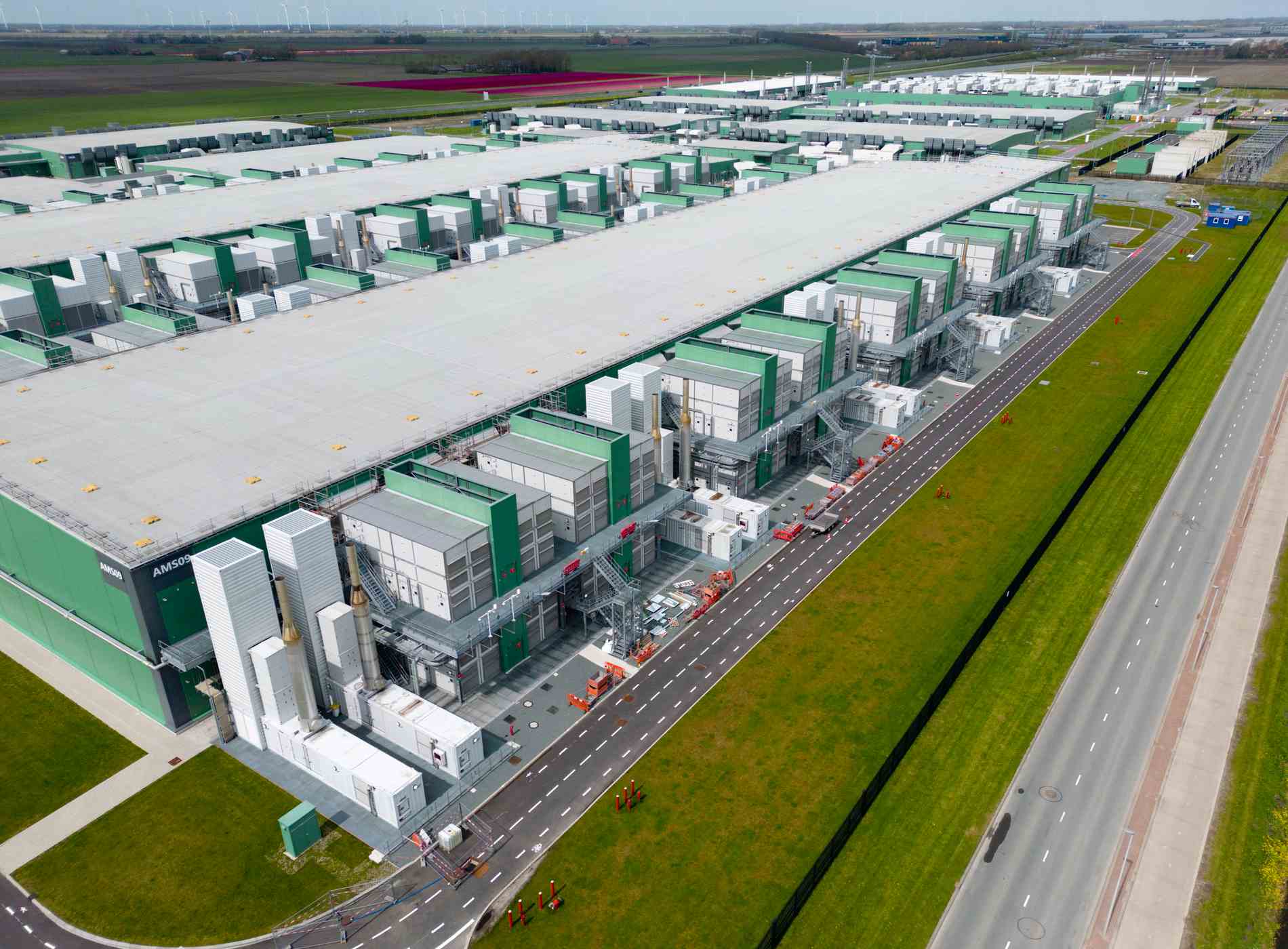 Aerial view of a large datacenter in Noord Holland, The Netherlands