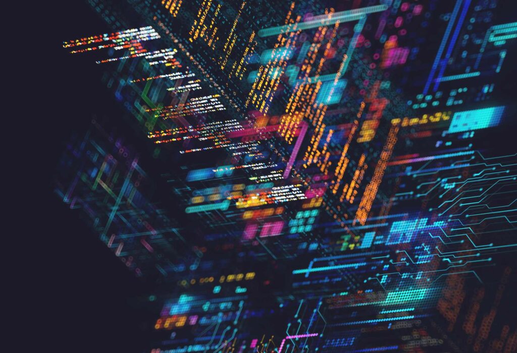 Digital background depicting innovative technologies in (AI) artificial systems, neural interfaces and internet machine learning technologies