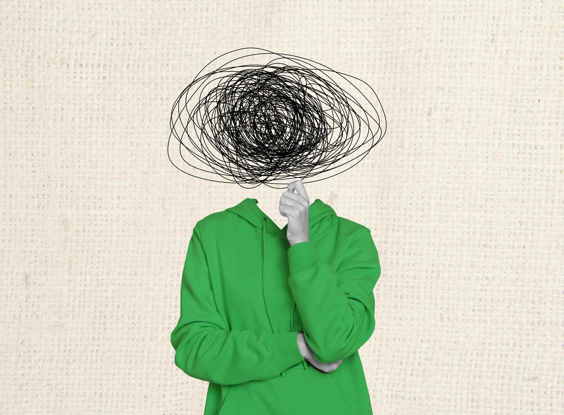 Composite trend artwork 3D collage of young man caricature headless mess line pressure overload stress depression emotion fist gesture.