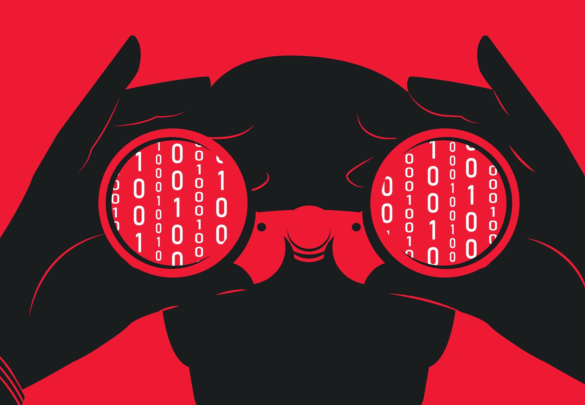 Hacker looking through binoculars with binary code. Hackung, data leak concept. Vector illustration.