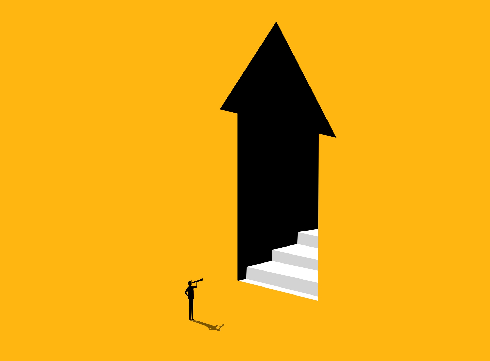 Inspiration Business Opportunity. Businessman looks at stairs in the door arrow pointing up