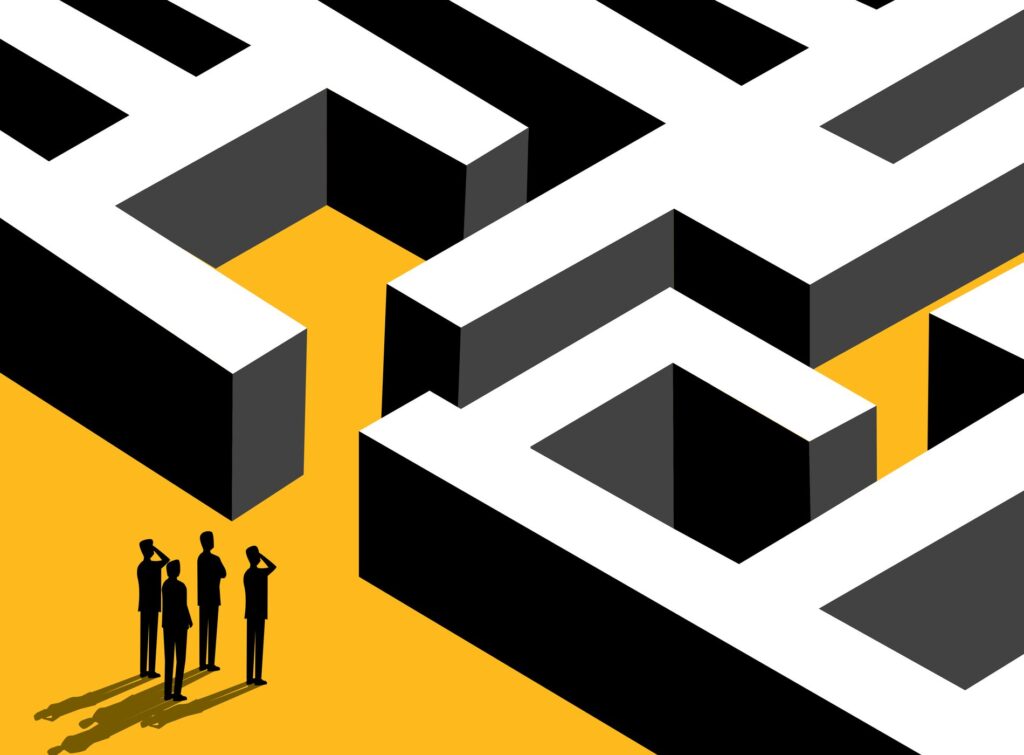 Challenge the Problem, team Businessman Standing Looking at Maze Entrance