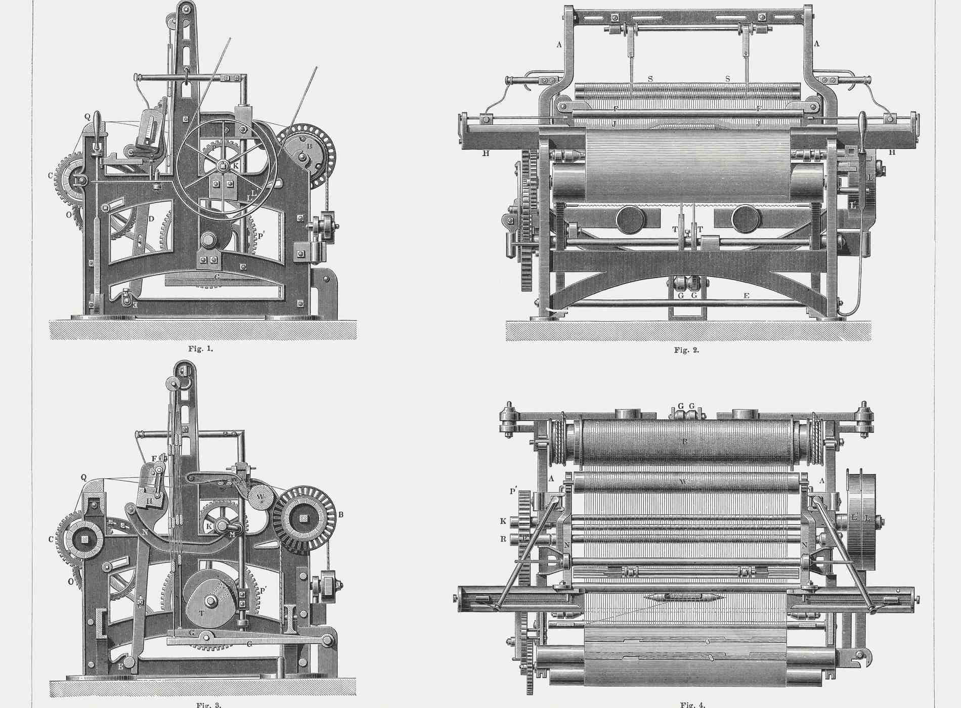Power Loom, the first mechanical loom (1784) by Edmond Cartwright (English prist and inventor, 1743 - 1823): 1) sideview; 2) front view; 3) cross section; 4) ground plan. Woodcut engraving from the book "Meyers Konservations-Lexikon, Band 15 (Meyers Lexicon, volume 15)", 3rd edition, published by Bibliographisches Institut, Leipzig in 1878.