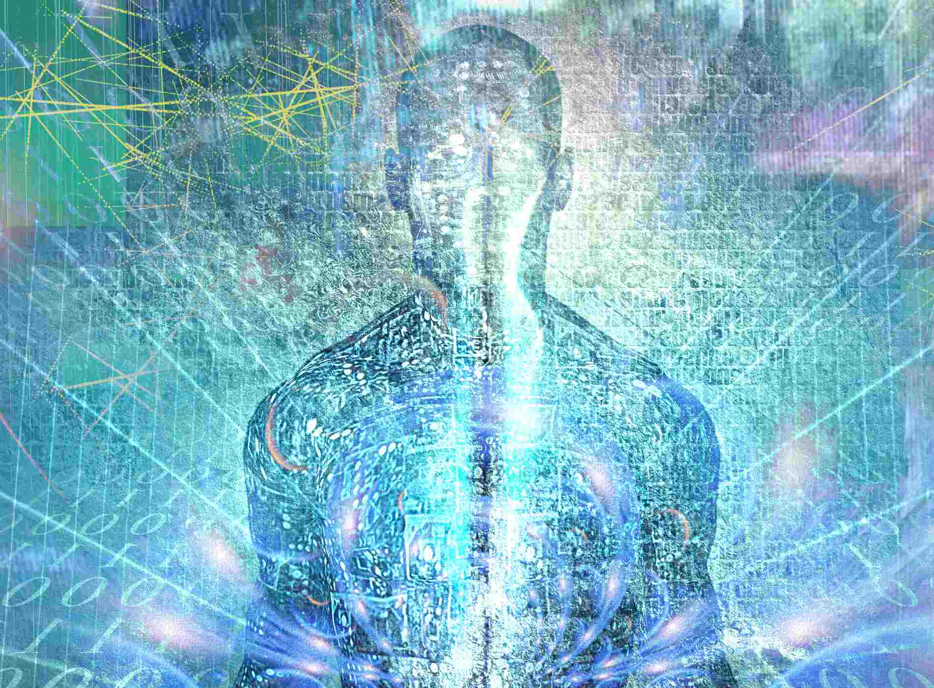Future Man. Spirit emerges from digital space. Soul or aura and binary code. 3D rendering