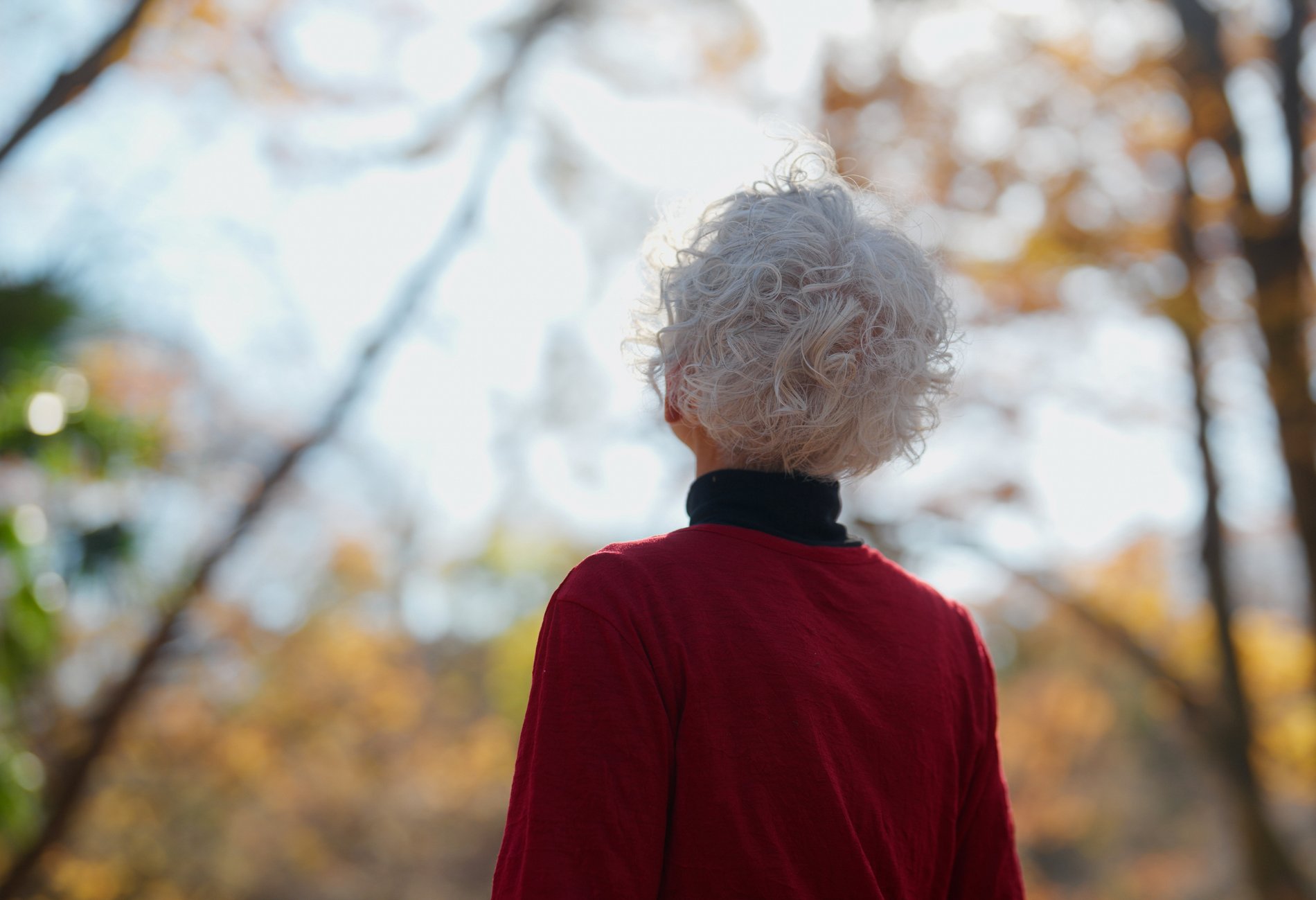 A senior woman in a red top gazes upward with a joyful expression, surrounded by the vibrant colors of an autumn forest. The golden leaves and soft sunlight create a warm and serene atmosphere, reflecting her connection with nature and appreciation of the moment.