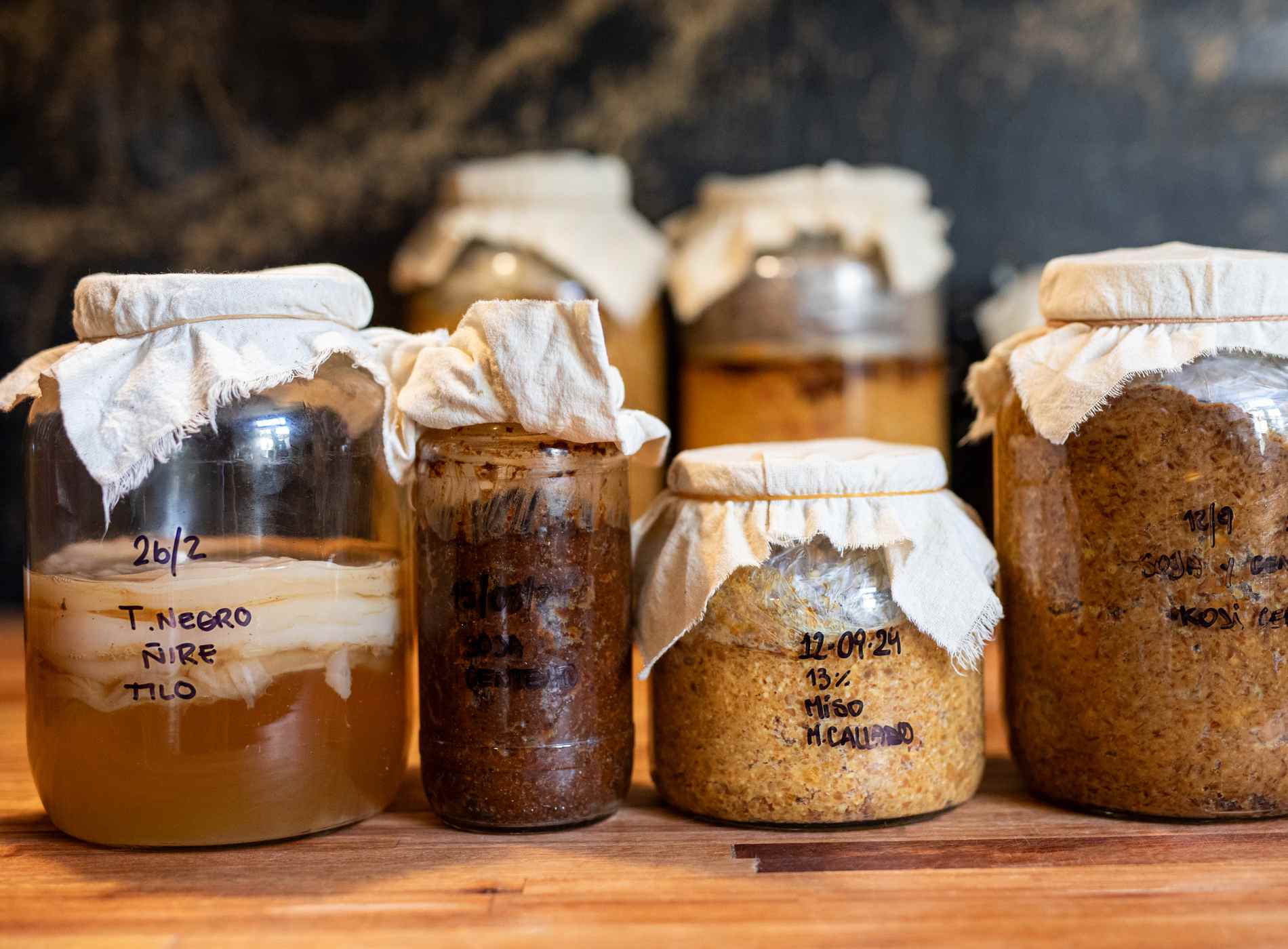 Variety of fermented products such as chickpea, rye and barley misos, vinegars and kombuchas - Buenos Aires - Argentina