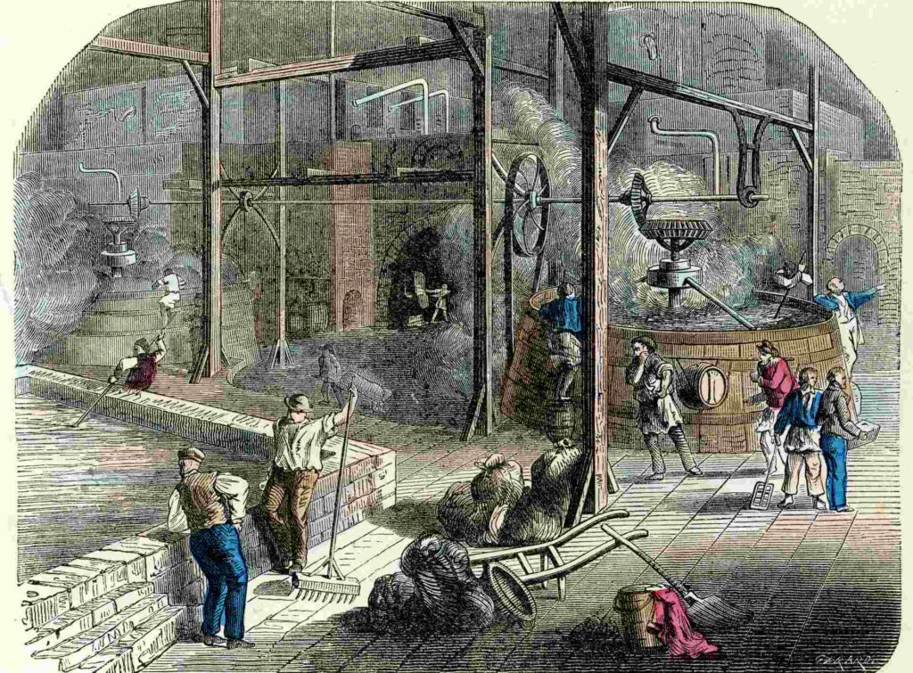 Victorian vintage engraving of brewers brewing beer in the brewery, France, 1875
