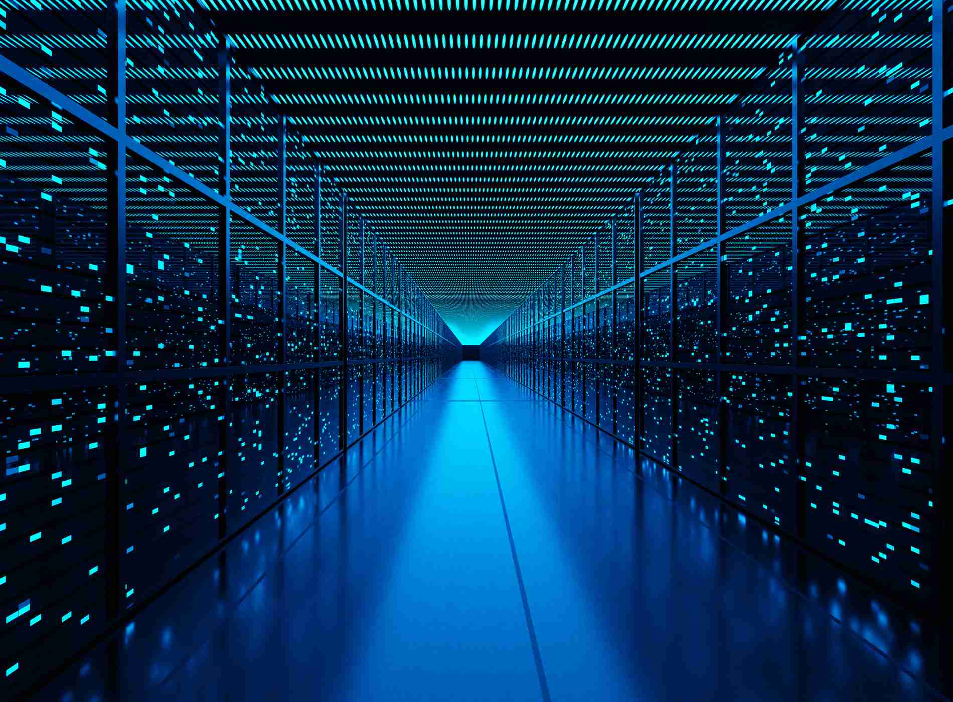 Server racks full of routers, switches and servers aligning on both sides of an aisle of a data center. Illustration of the concept of cloud computing and infrastructure as a service (IaaS)