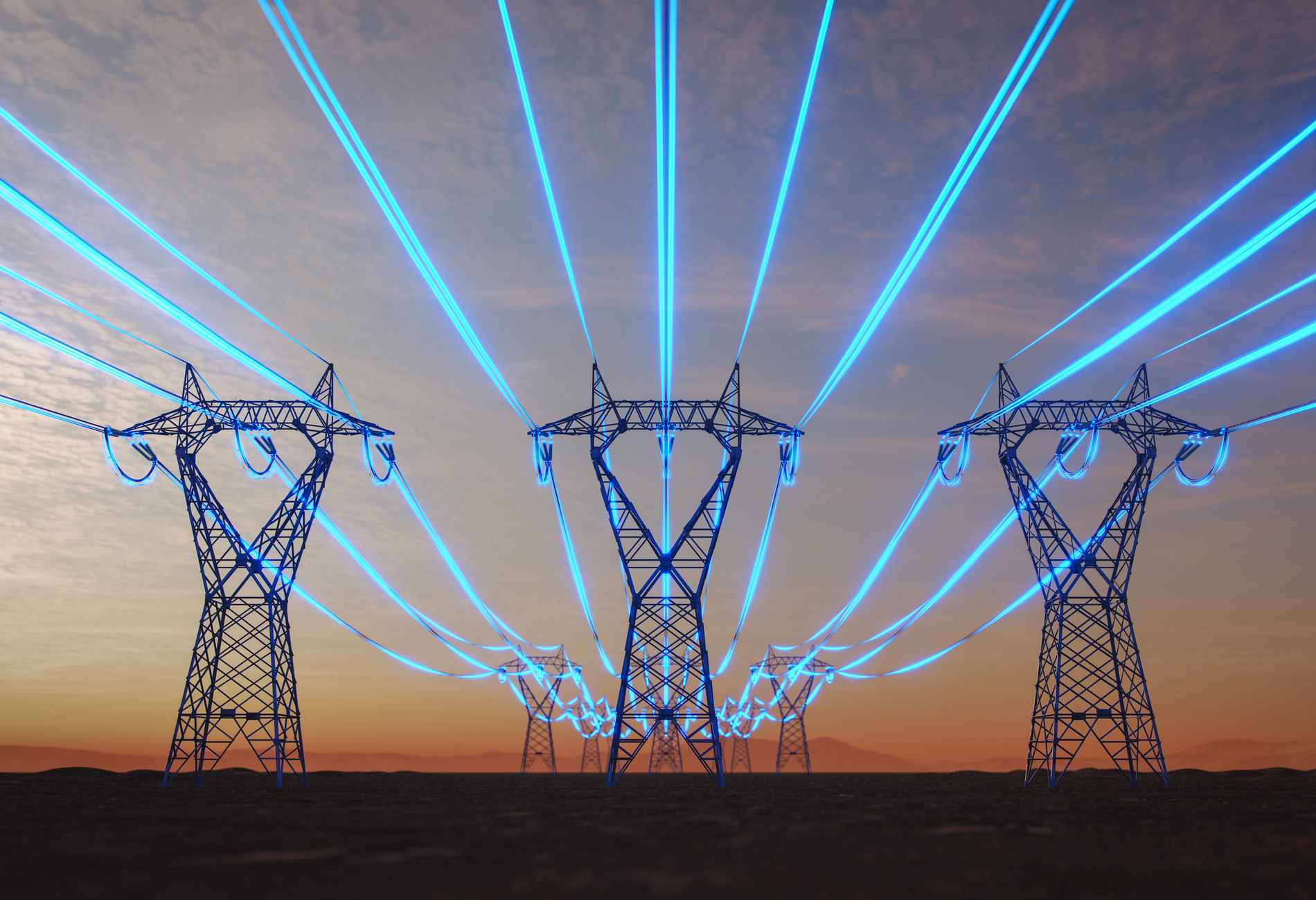 Steel transmission towers stretch across a desert plain at sunset while glowing blue strands symbolize data-intensive artificial intelligence increasing power consumption.