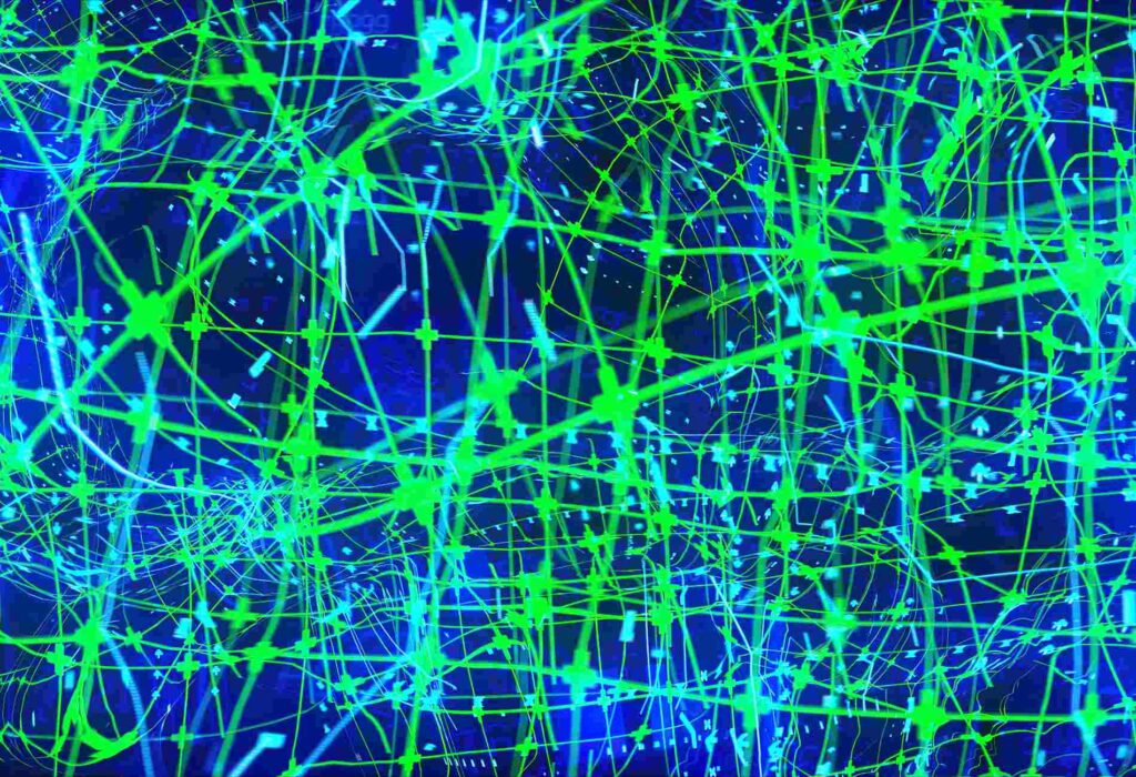 circuit board pulsing light and information with digital processor conceptual background