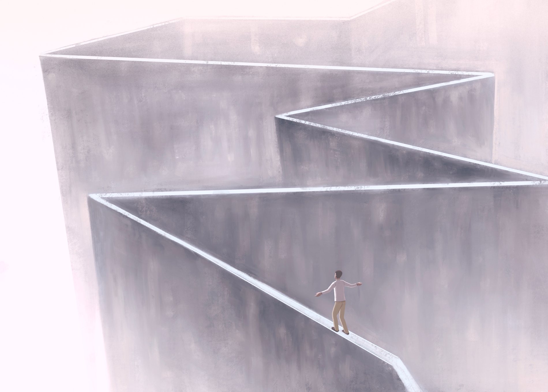 A man on a surreal road. Concept art of loneliness, solitude, and adventure. conceptual artwork. 3d illustration.