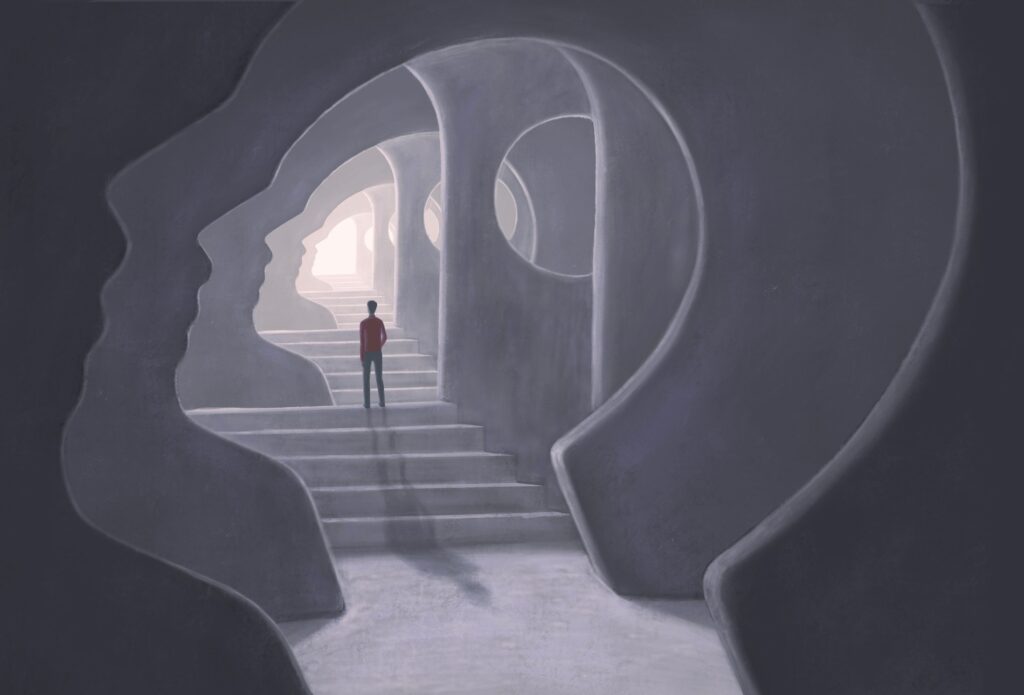 Surreal art, brain hope success freedom mental health psychology and life concept idea, painting illustration, conceptual artwork