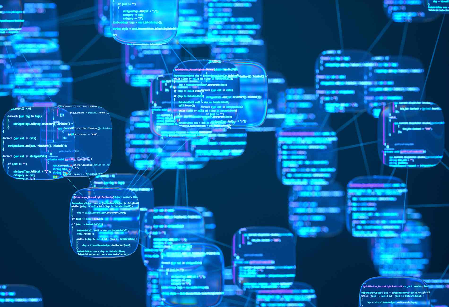 A network of intelligent nodes representing autonomous AI agents processing and writing programming code. Illustrates concepts like AI-assisted development, machine learning models, and generative AI tools.