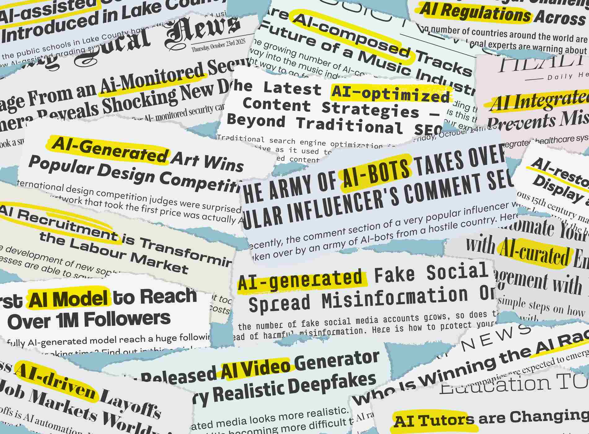 Vector illustration featuring collage of torn paper and newspaper clippings with Artificial Intelligence related news headlines.
AI news topics: AI-generated art, AI-bots, AI Models, AI Video, automation etc.