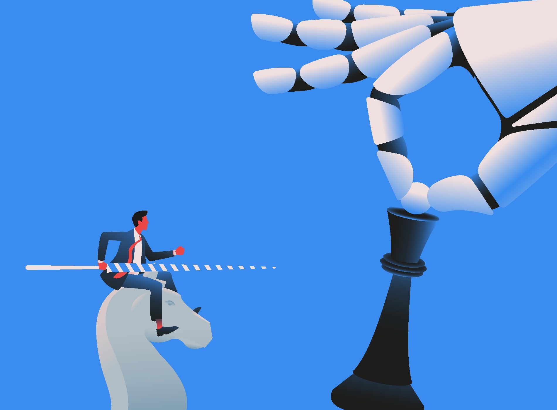 Manager on a chess horse fighting with a queen figure holdind by robot. Artifical intelligence risks concept. Vector illustration.