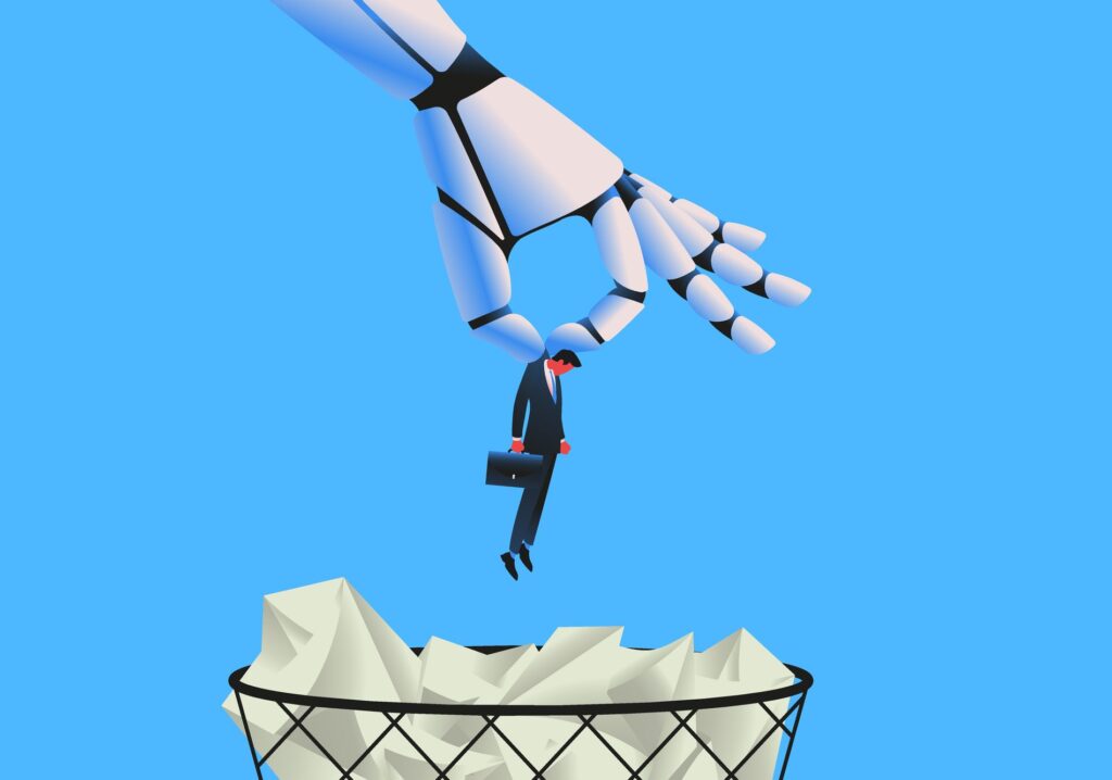 Giant robot throwing man in a trash can. Artifical intelligence replacing jobs concept. Vector illustration.