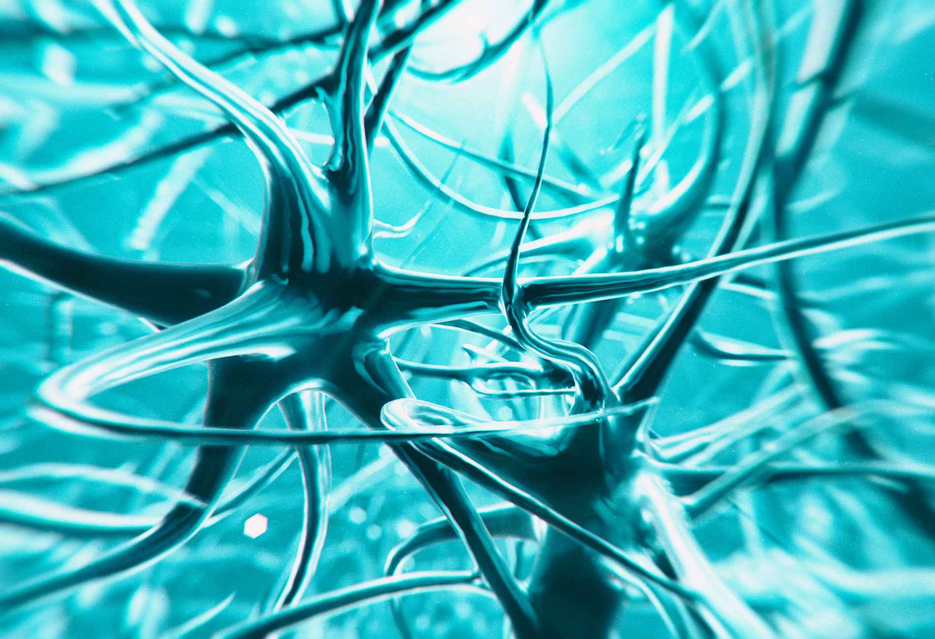 Neuron cells system - 3d rendered image of Neuron cell network on black background. Hologram view  interconnected neurons cells with electrical pulses. Conceptual medical image.  Glowing synapse.  Healthcare concept.