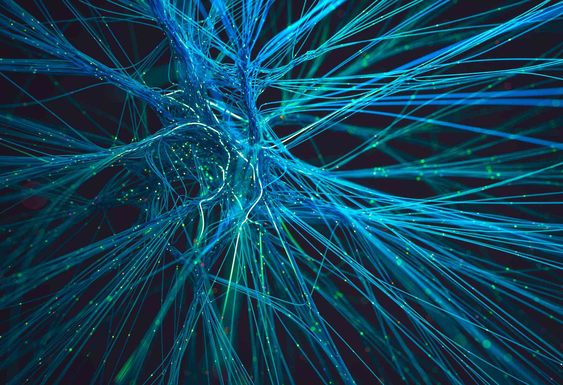 Intricate web of blue light trails suggesting a neural interface or fiber optic cables. Abstract visualization of artificial intelligence and data transmission.