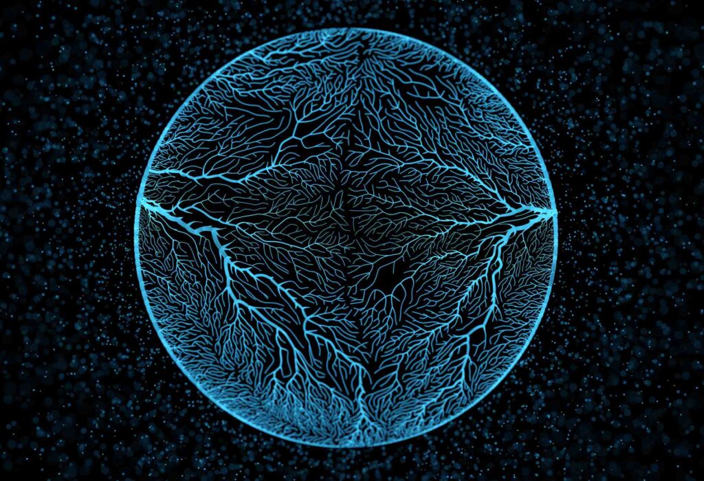 Neuron cells system - 3d rendered image of Neuron cell network on black background. Hologram view interconnected neurons cells with electrical pulses. Conceptual medical image. Glowing synapse. Healthcare concept.