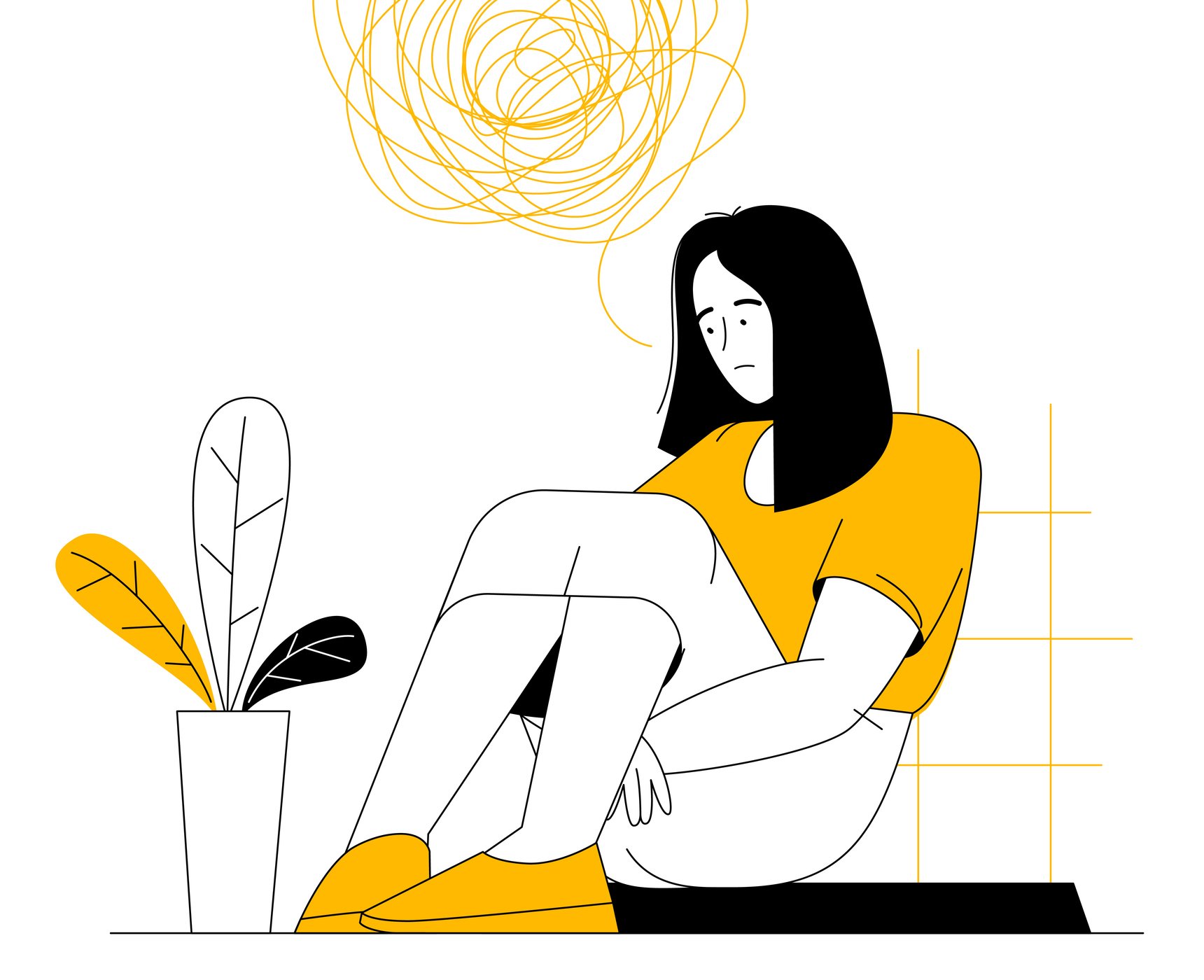 Stuck or trapped, metal problem, anxiety or depression, solitude or loneliness. Sad depressed woman with a ravel of problems in her mind. Mental health flat vector concept.