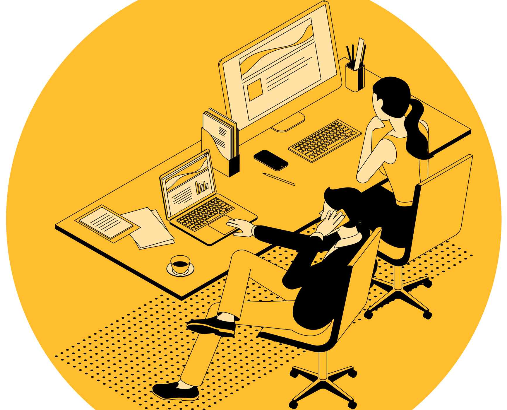 Black and yellow flat design isometric vector illustration of business communication in modern office. Trendy color template for teamwork and workflow for presentation, website and app design.
