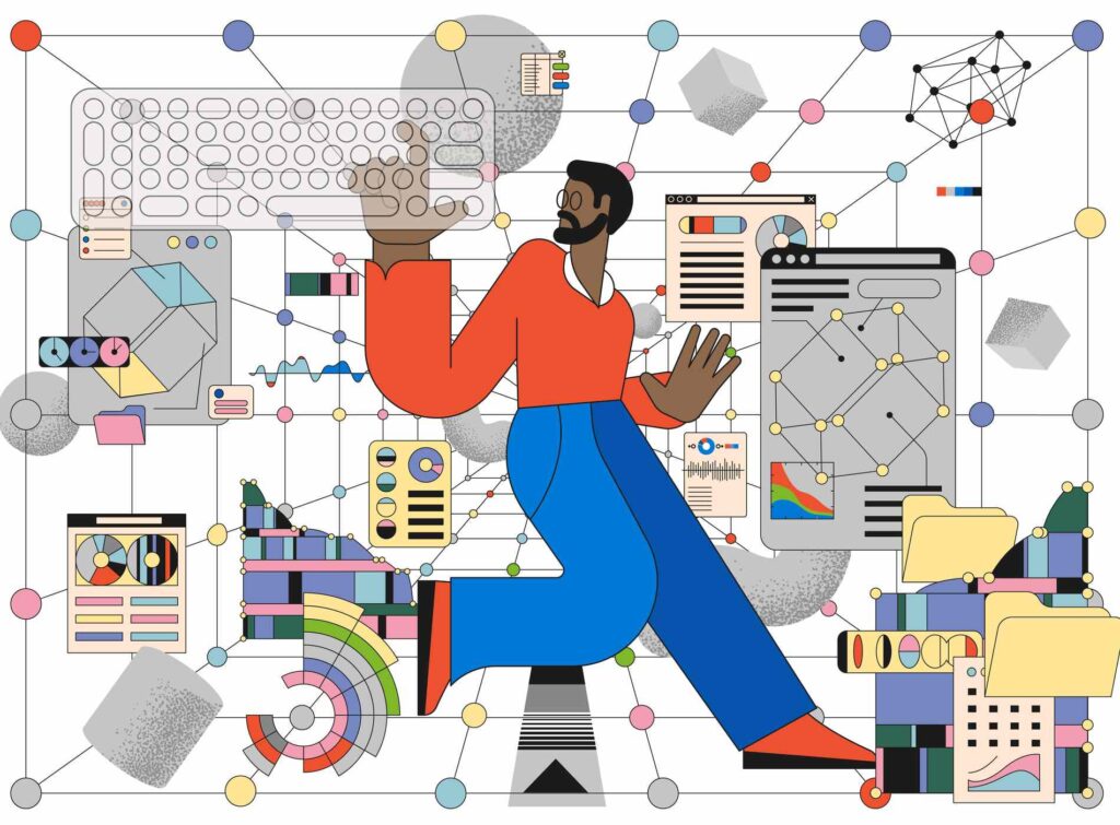 Data modeling, model development and deployment. Data science and artificial intelligence vector concept and background.