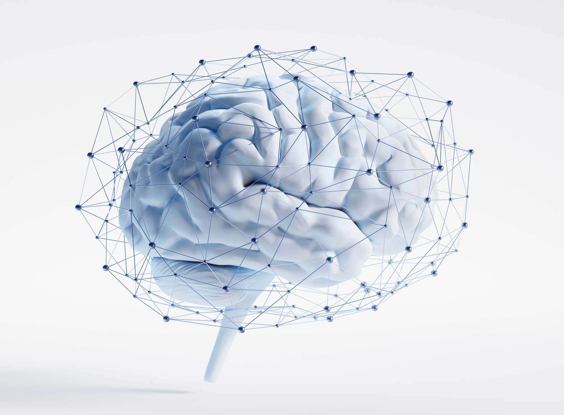White brain surrounded with digital neural network structure on white background - Artificial intelligence concept - 3D illustration