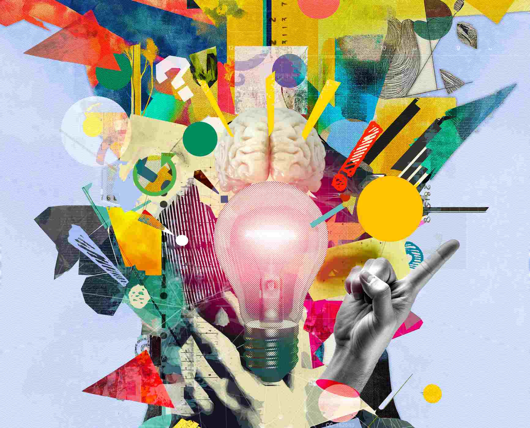 Complexity of thought processes and the human mind. Thoughts, creativity, emotions, mental health, vibrant art collage. Psychology, self-analysis, mental disorders and wellbeing, cognitive processes