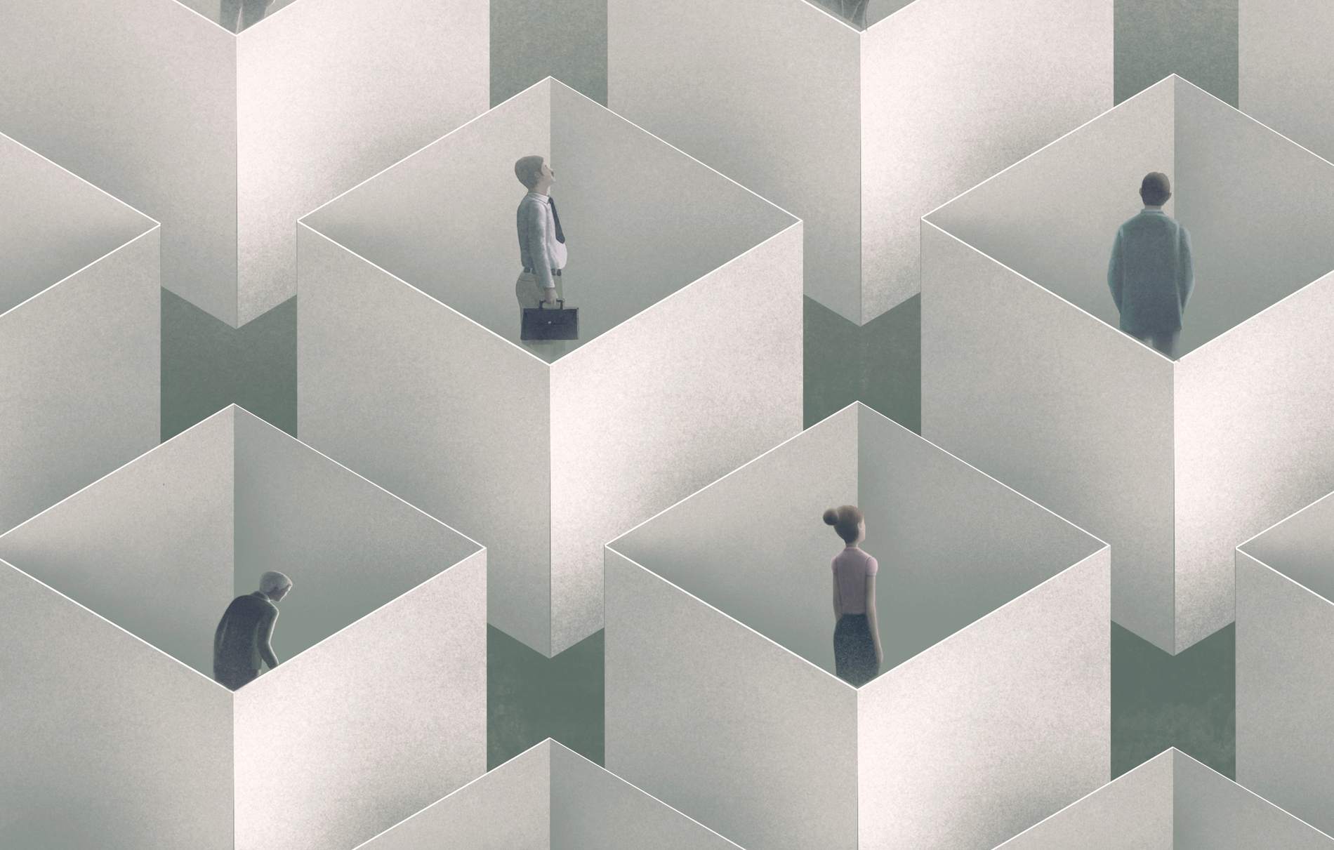 Lonely people in the city. conceptual artwok. surreal painting. concept art.