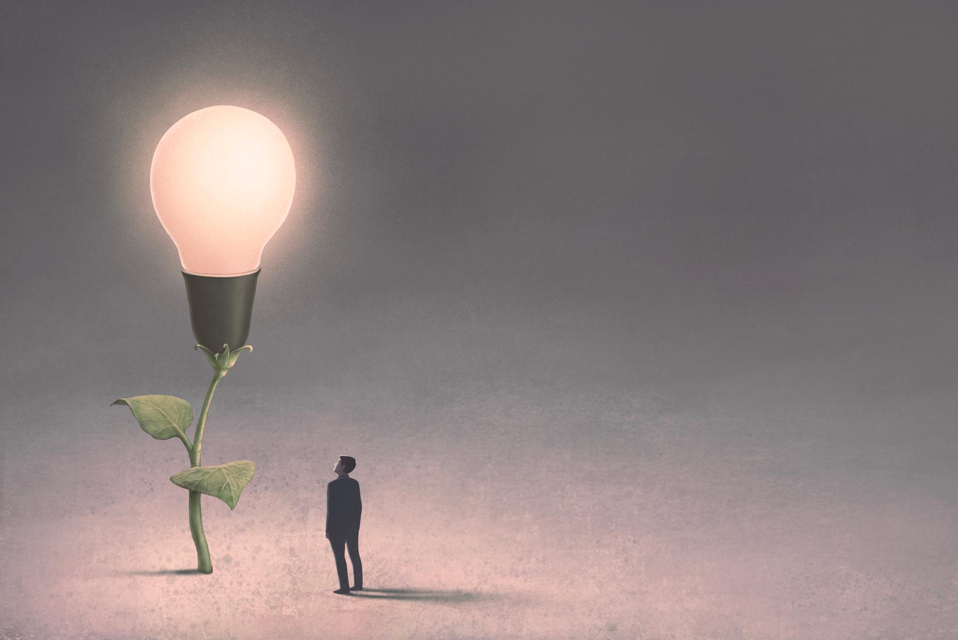 Businessman and a tree of lightbulb tree. Concept idea art of business and success. conceptual surreal illustration.