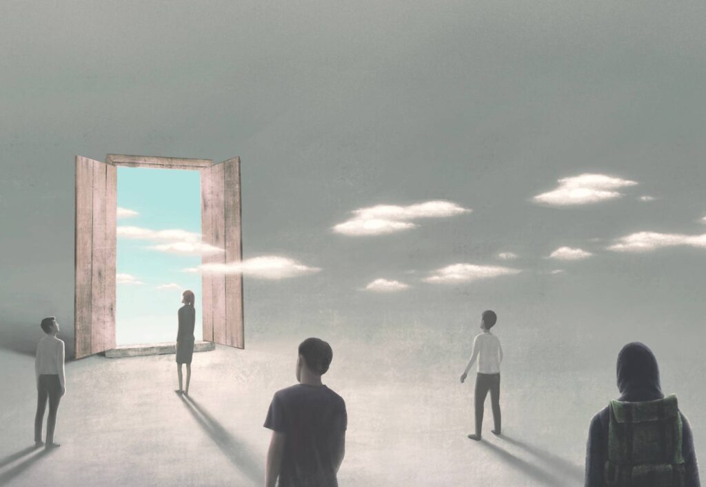 Group of people and a door of sky. Conceptual art of success solution and freedom.