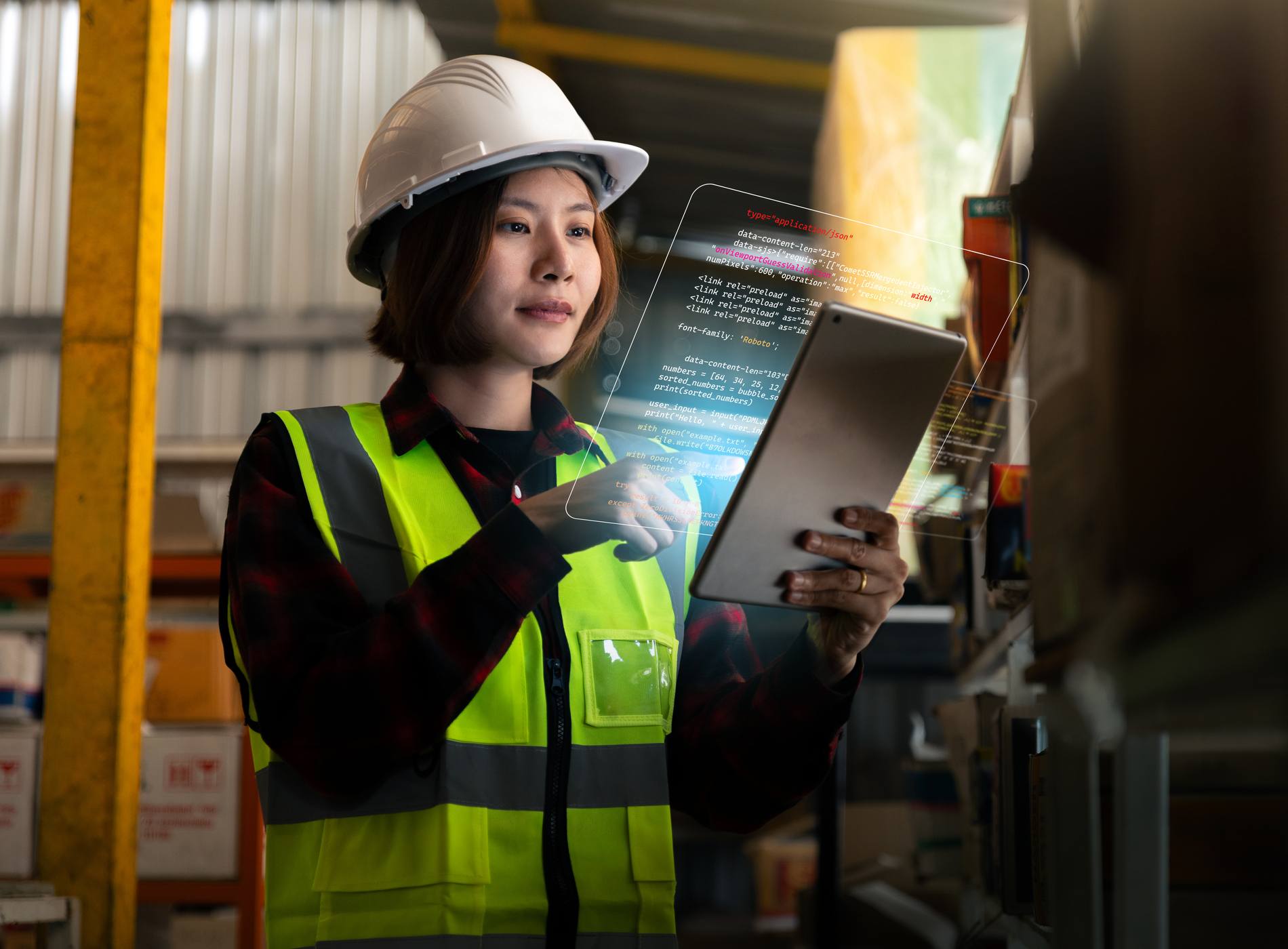 Engineer woman wearing a safety vest and a hard hat is working with tablet cybersecurity and data analytics, Troubleshooting concept.
