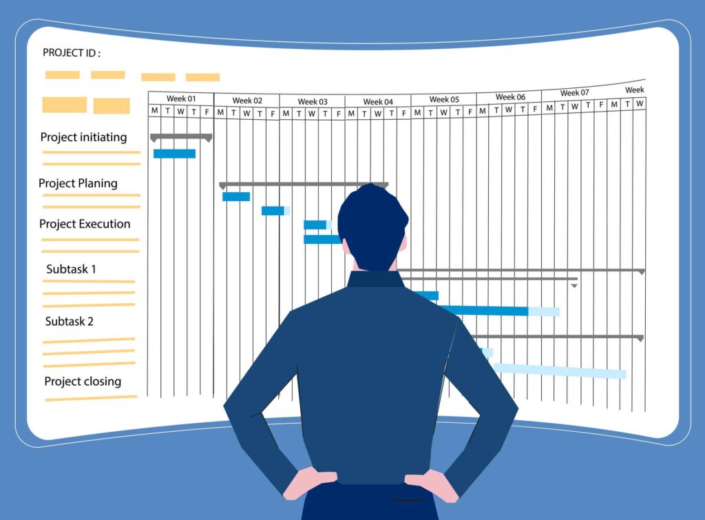 Project manager working with Gantt chart planning schedule, tracking milestones and deliverables and updating tasks progress, scheduling and management skills, program strategy. Vector illustration.