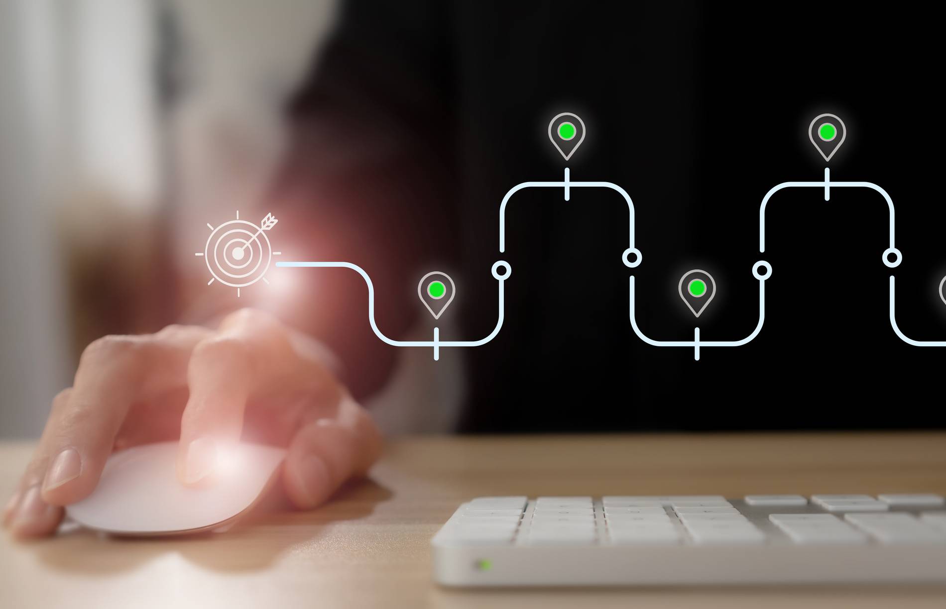 Business and Project Roadmap Concept. Using computer on virtual screen with roadmap overlay, steps in a project or strategic planning process. Waypoint icons and ends with goal achievement.