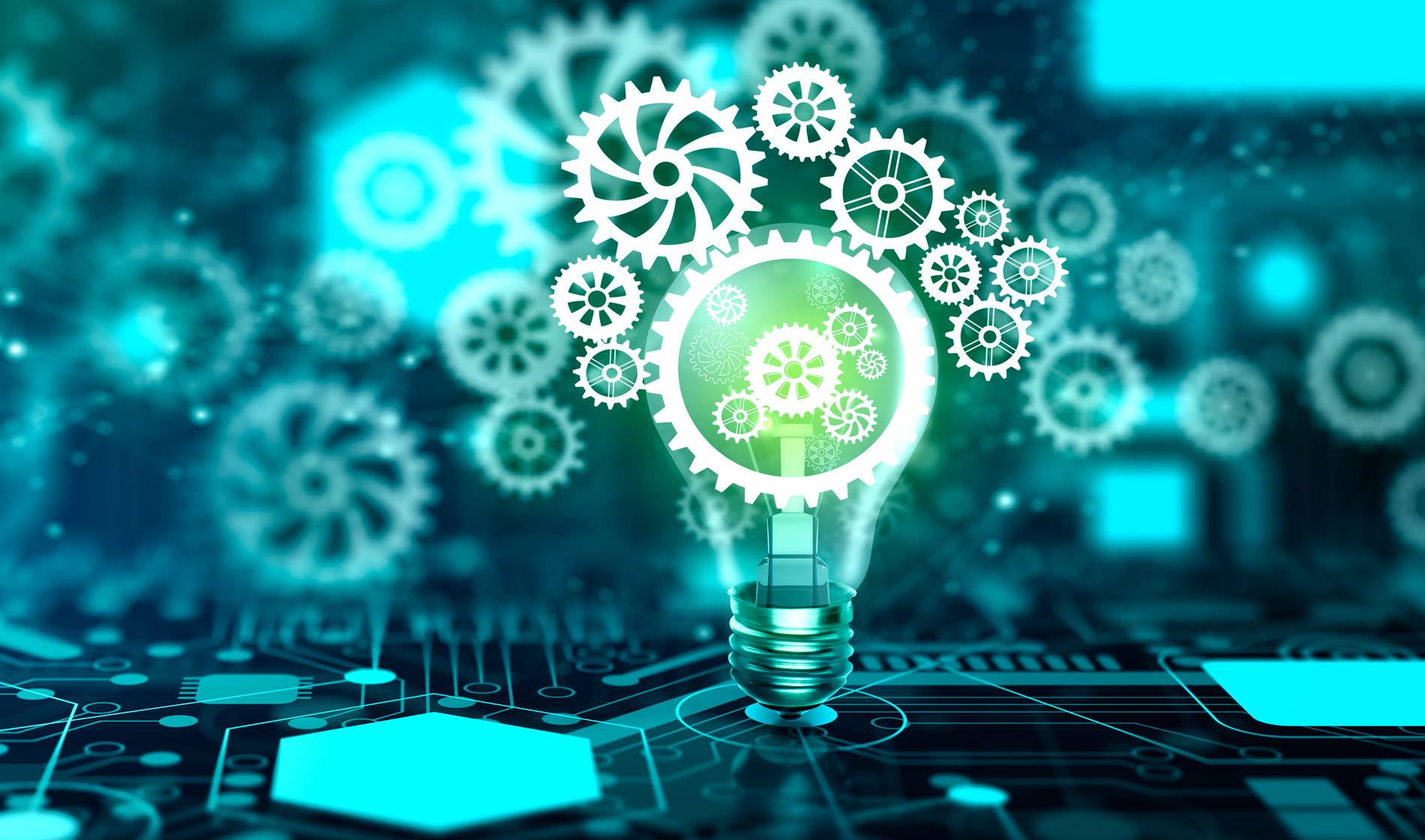 Light bulb with cog inside. Business idea bulb gear icon network connection with Creativity, Imagination, inspiration. Innovation, Leadership, Teamwork, Idea, Vision, and Plan Concept. 3D Render.