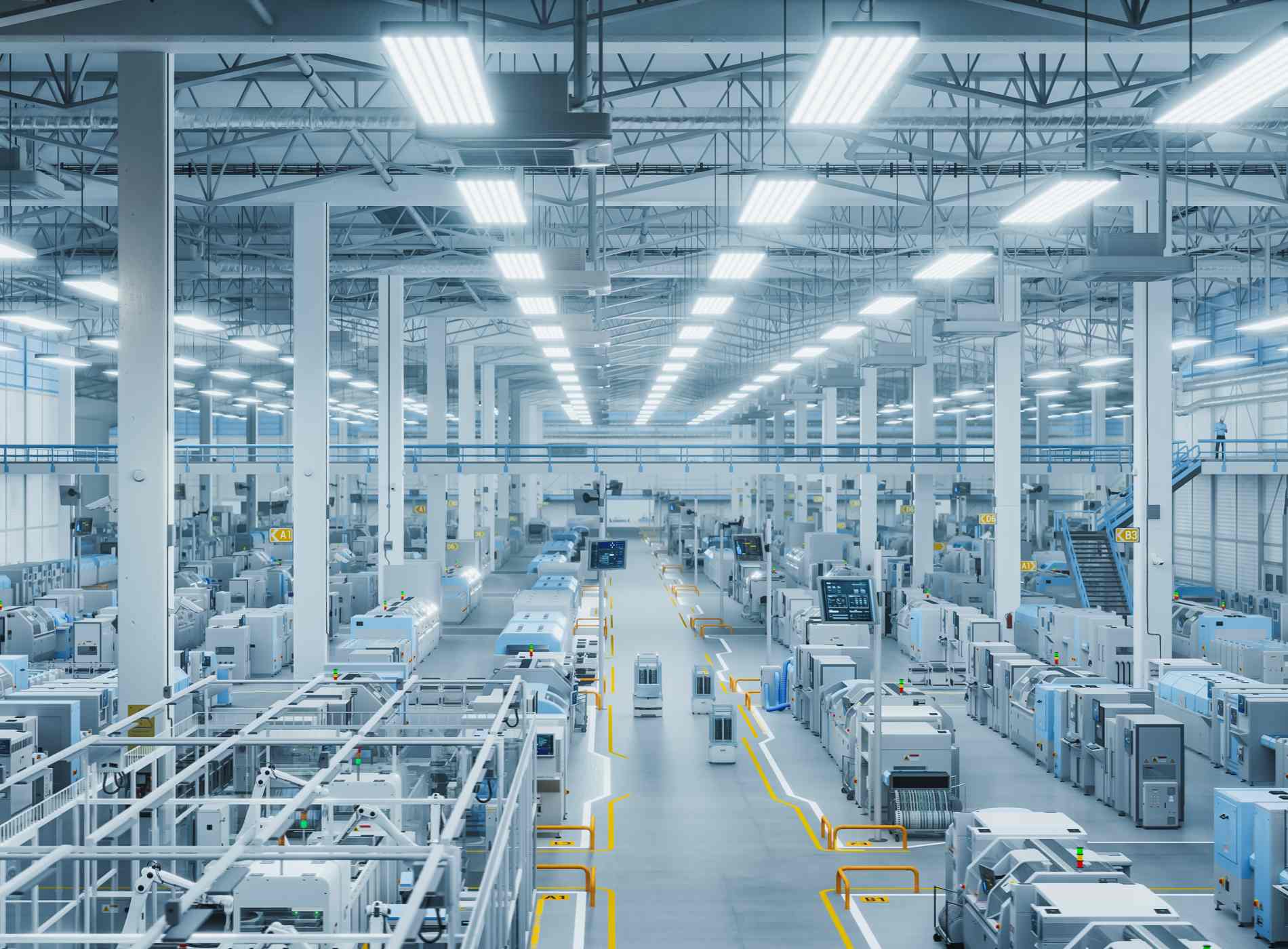 3D Render: Modern Manufacturing Plant with Advanced Robotic Arms Operating on an Assembly Line with Electronic Components Moving on Conveyor Belts. Elevated Top Angle Shot Of Advanced Facility.